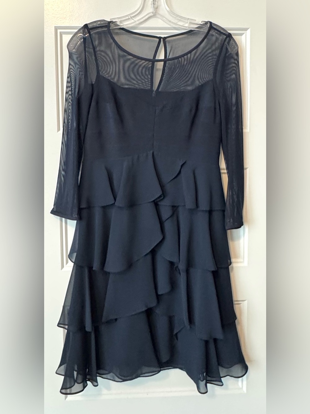 Adrianna Papell Navy Mesh Ruffle Cocktail Dress 2 Tiered Chiffon Sheer Sleeve